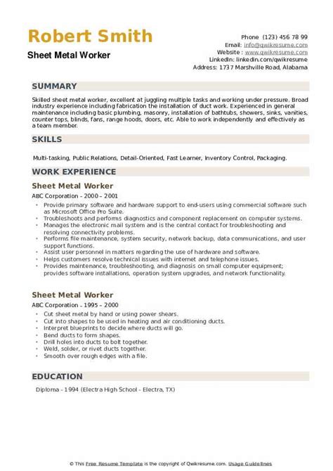 sheet metal welder resume|sheet metal worker resume.